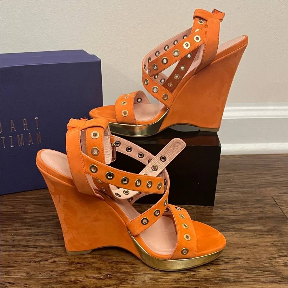 Stuart Weitzman Vibrant Orange Wedge Sandal Heels - Picture 5 of 6